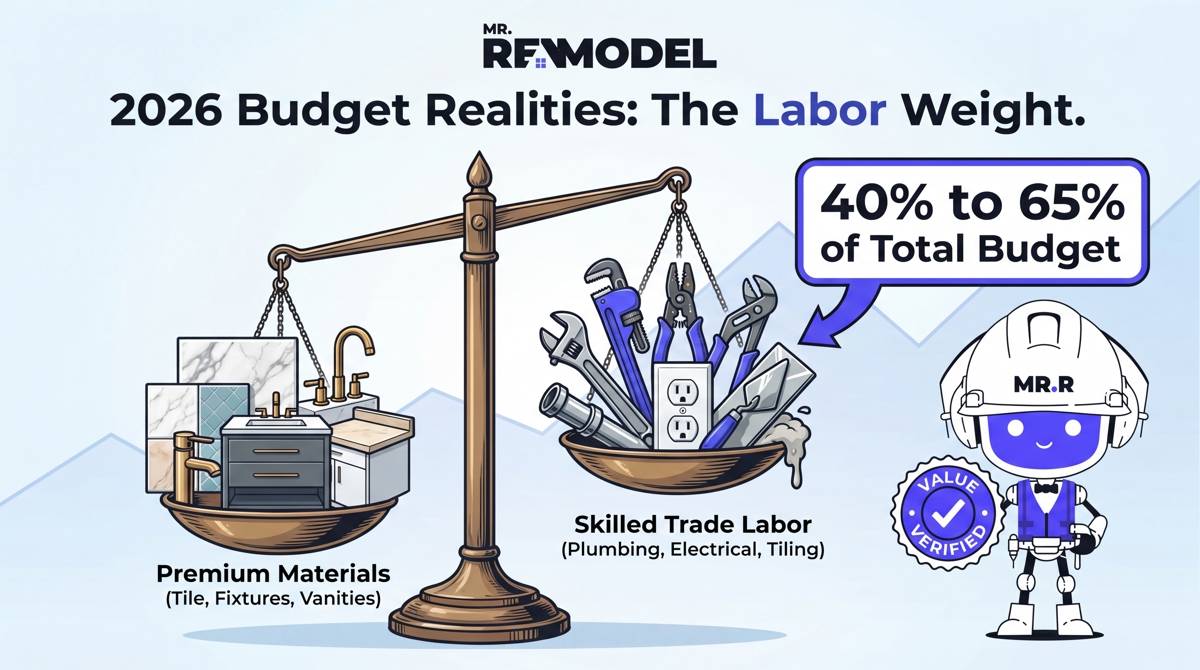A financial infographic illustrating that skilled labor accounts for over half of the average 2026 bathroom remodeling budget.
